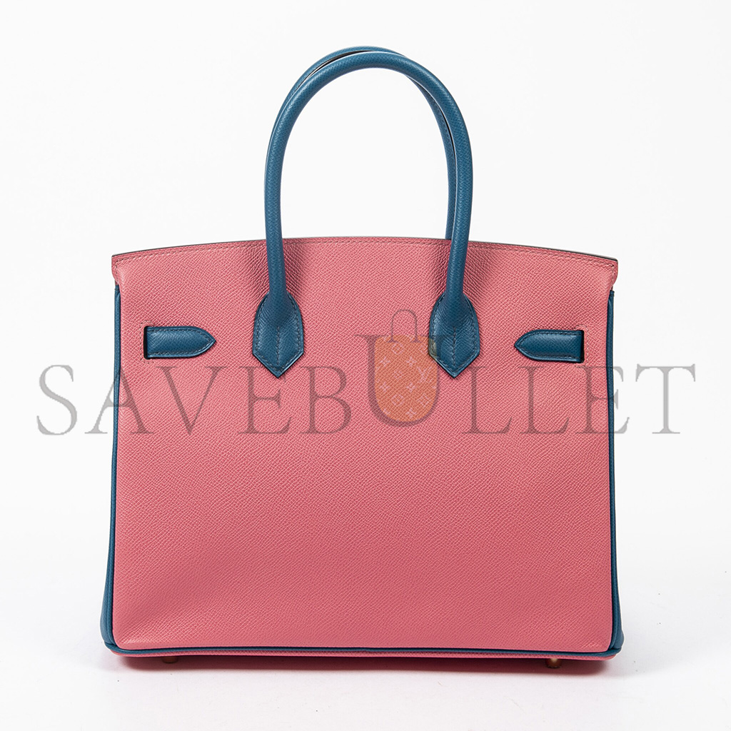 HERMÈS MASTER BIRKIN 30 CHEVRE LEATHER CHERRY BLOSSOM AND NORTHERN BLUE GOLD BUCKLE H028369CC37 (30*23*15cm)